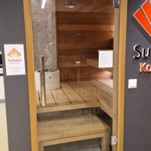 The glass door on display in the shop