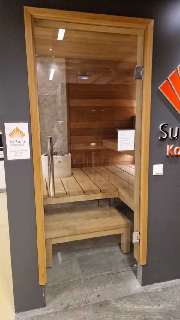 The glass door on display in the shop