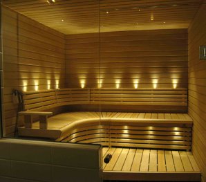 Sauna glass wall, ceilings, LED lights