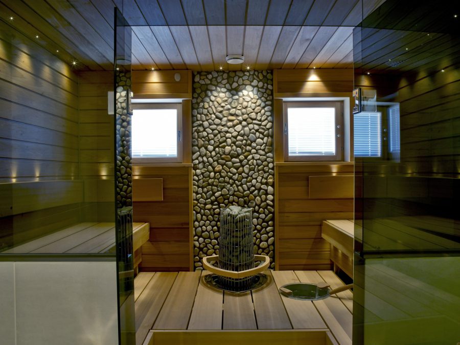 Magnolia panels 15x145 STS and Relax laude, where the material is giant clay. Cariitt series on the ceiling and a 32-fibre ceiling light on the ceiling, illuminated Sun Sauna water bowl on the ceiling.