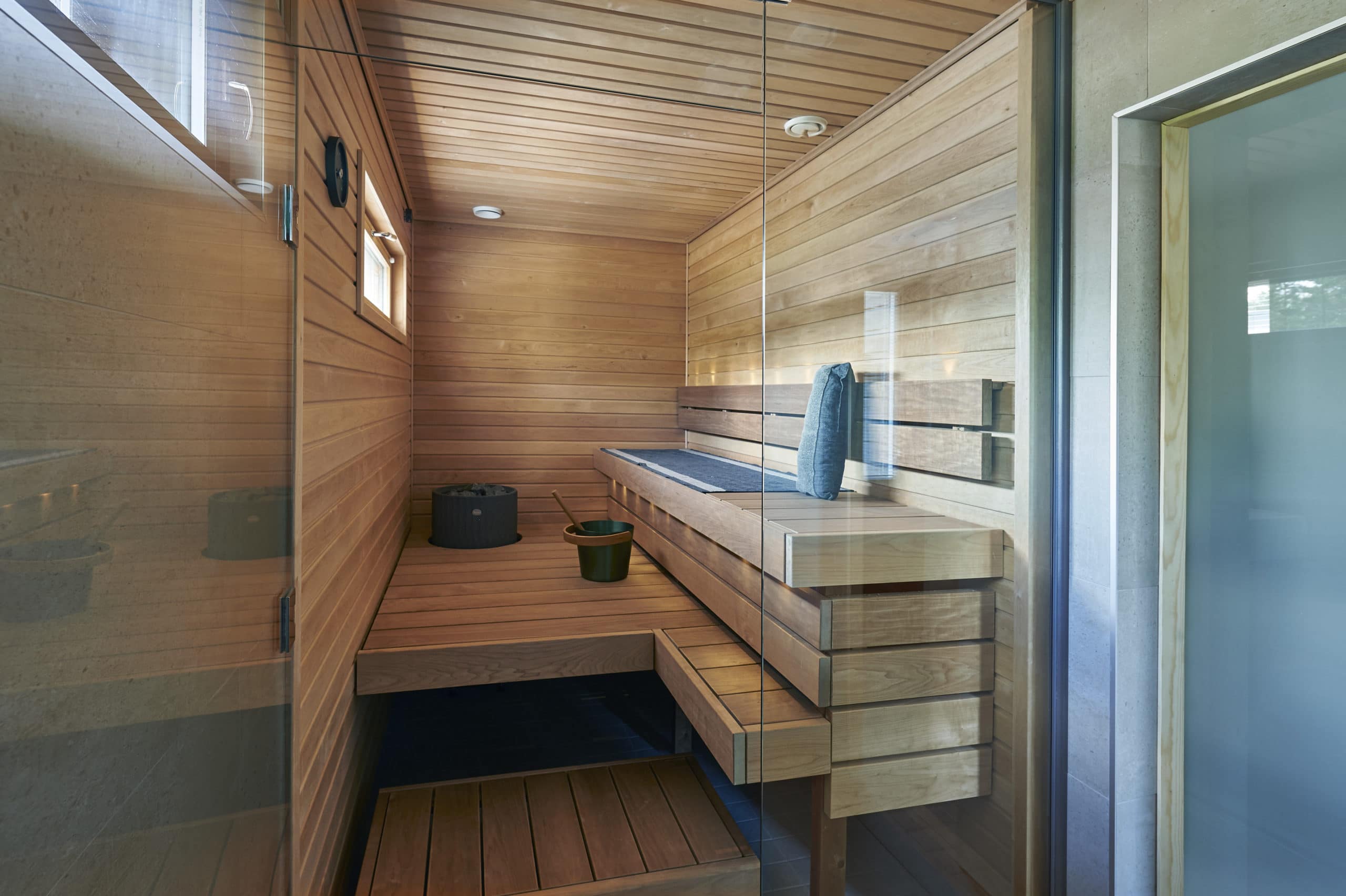 The sauna in the Jetta house has tiles in the Relax collection's minimalist style.