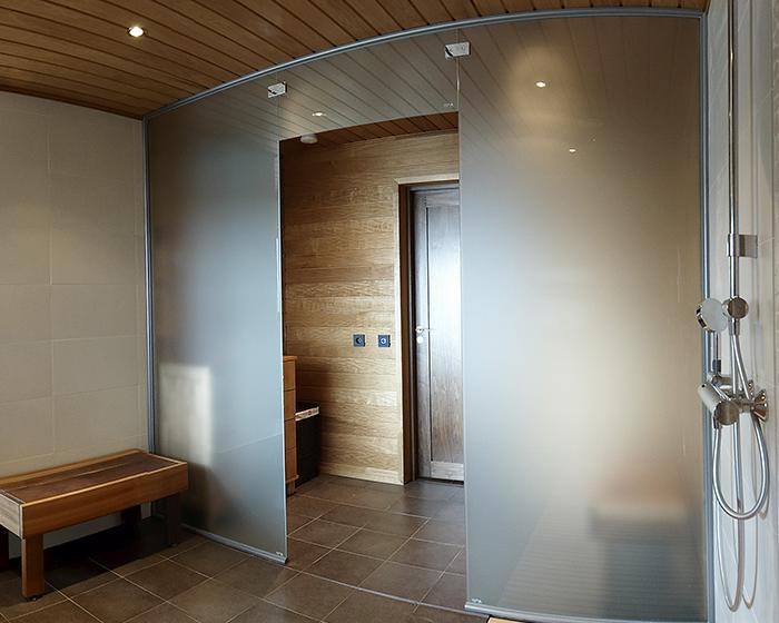 sauna glass partition wall, satin